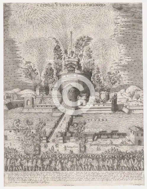Speculum Romanae Magnificentiae: The Girandola at the Castel Sant'Angelo, Rome, 1579, 1579., 1579. Creator: Giovanni Ambrogio Brambilla.