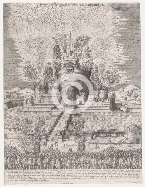 Speculum Romanae Magnificentiae: The Girandola at the Castel Sant'Angelo, Rome, 1579, 1579., 1579. Creator: Giovanni Ambrogio Brambilla.