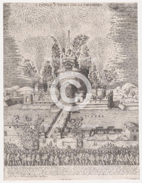 Speculum Romanae Magnificentiae: The Girandola at the Castel Sant'Angelo, Rome, 1579, 1579., 1579. Creator: Giovanni Ambrogio Brambilla.