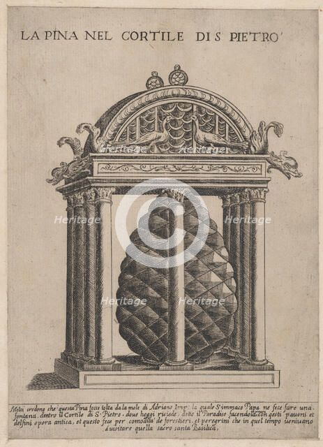 Speculum Romanae Magnificentiae: The Pineapple in the Courtyard of S. Pietro, 16th..., 16th century. Creator: Anon.