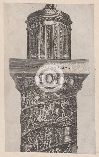 Speculum Romanae Magnificentiae: The upper portion of Trajan's Column, showing ara..., 16th century. Creator: Master GA.