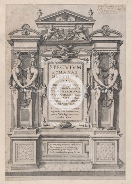 Speculum Romanae Magnificentiae: Title Page engraved within architectonic and sculptura..., 1573-77. Creator: Etienne Duperac.