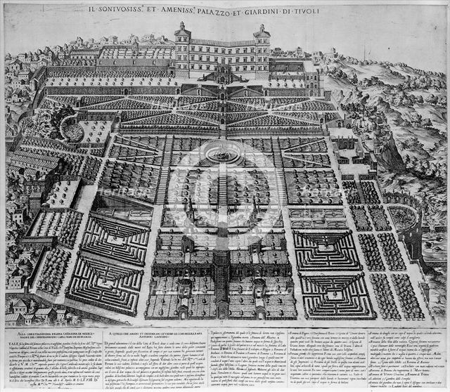 Speculum Romanae Magnificentiae: Tivoli Palace and Gardens, 1573., 1573. Creator: Etienne Duperac.