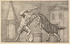 Speculum Romanae Magnificentiae: A Satyr and a Ram Clashing, 16th century. Creator: Marco Dente