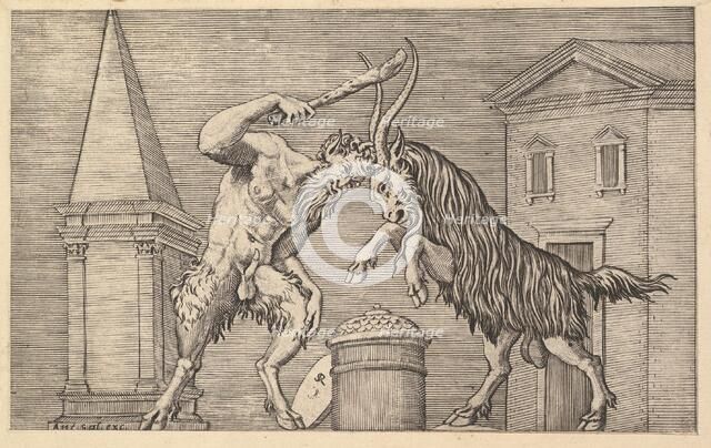 Speculum Romanae Magnificentiae: A Satyr and a Ram Clashing, 16th century. Creator: Marco Dente.