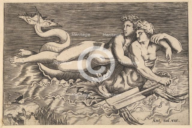 Speculum Romanae Magnificentiae: A Triton Carrying off a Nymph, 16th century. Creator: Marco Dente.