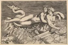 Speculum Romanae Magnificentiae: A Triton Carrying off a Nymph, 16th century. Creator: Marco Dente