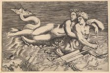 Speculum Romanae Magnificentiae: A Triton Carrying off a Nymph, 16th century. Creator: Marco Dente