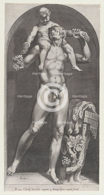 Speculum Romanae Magnificentiae: Bacchus on the Shoulders of a Satyr, 16th century., 16th century. Creator: Cornelis Cort.