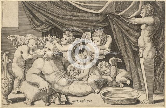 Speculum Romanae Magnificentiae: Bacchus Surrounded by Putti with Priapus holding ..., 16th century. Creator: Master of the Die.