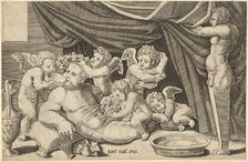 Speculum Romanae Magnificentiae: Bacchus Surrounded by Putti with Priapus holding ..., 16th century. Creator: Master of the Die