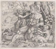 Speculum Romanae Magnificentiae: Bacchus, Seated, Drinking from a Vase Presented b..., 16th century. Creator: Anon