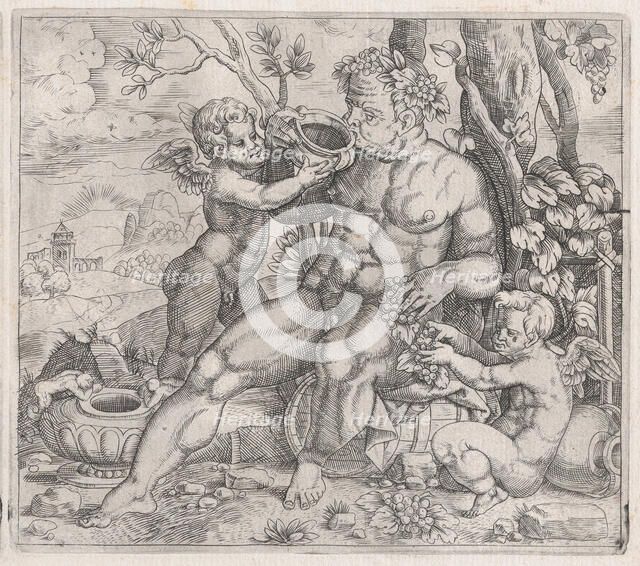 Speculum Romanae Magnificentiae: Bacchus, Seated, Drinking from a Vase Presented b..., 16th century. Creator: Anon.