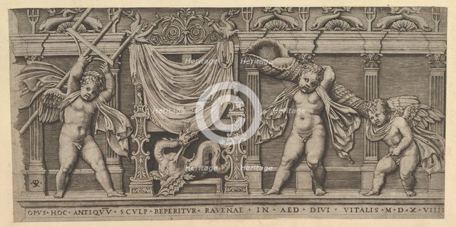 Speculum Romanae Magnificentiae: Bas-Relief with Three Cupids, 1519. Creator: Marco Dente.