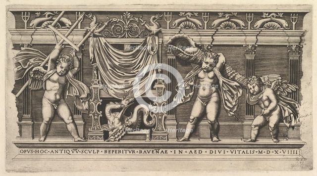 Speculum Romanae Magnificentiae: Bas-Relief with Three Cupids, 1519. Creator: Marco Dente.