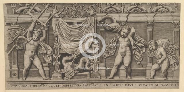 Speculum Romanae Magnificentiae: Bas-Relief with Three Cupids, 1519. Creator: Marco Dente.