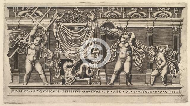 Speculum Romanae Magnificentiae: Bas-Relief with Three Cupids, 1519. Creator: Marco Dente.
