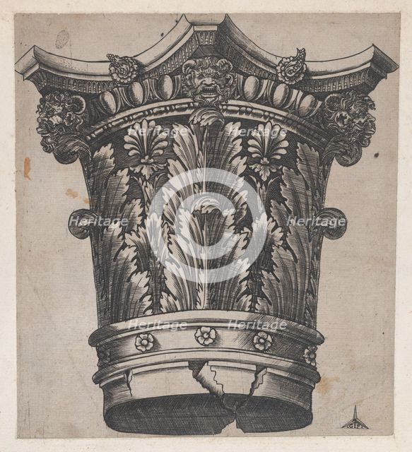 Speculum Romanae Magnificentiae: Capital with heads and masks, ca. 1537., ca. 1537. Creator: Master GA.
