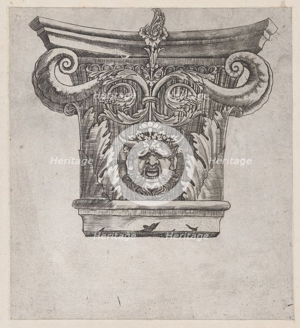 Speculum Romanae Magnificentiae: Capital with peapod volutes and satyr head, ca. 1537., ca. 1537. Creator: Master GA.