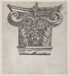 Speculum Romanae Magnificentiae: Capital with peapod volutes and satyr head, ca. 1537., ca. 1537. Creator: Master GA