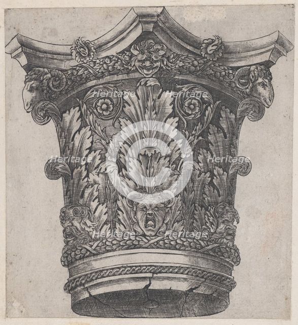 Speculum Romanae Magnificentiae: Capital with ram heads and masks, ca. 1537., ca. 1537. Creator: Master GA.