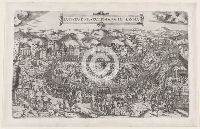 Speculum Romanae Magnificentiae: Carnival games held in the Mount Testaccio in Rome, 1558., 1558. Creators: Vincenzo Luchino, Monogrammist ITF.