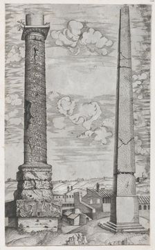 Speculum Romanae Magnificentiae: Column of Antoninus and a Roman Obelisk, 16th cen..., 16th century. Creator: Anon