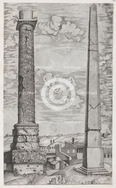 Speculum Romanae Magnificentiae: Column of Antoninus and a Roman Obelisk, 16th cen..., 16th century. Creator: Anon.