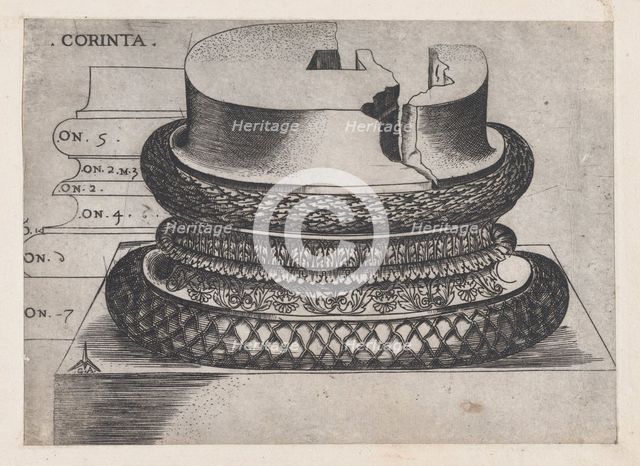 Speculum Romanae Magnificentiae: Corinthian base from the Lateran Baptistery, Rome, ca..., ca. 1537. Creator: Master GA.