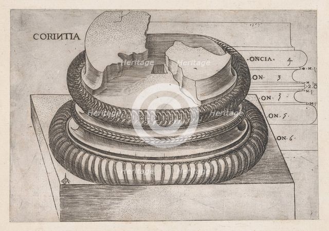 Speculum Romanae Magnificentiae: Corinthian base from the Temple of Mars Ultor, Rome, ..., ca. 1537. Creator: Master GA.