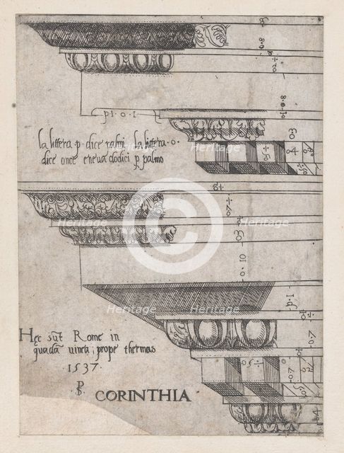 Speculum Romanae Magnificentiae: Corinthian entablature, 1537., 1537. Creator: Master PS.