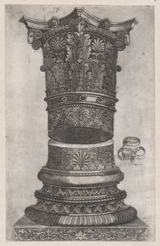 Speculum Romanae Magnificentiae: Decorated capital and base in the Temple of Jupiter, ..., ca. 1537. Creator: Attributed to Master G.A.