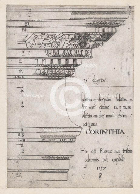 Speculum Romanae Magnificentiae: Entablature from the Temple of Castor and Pollux, Rome, 1537., 1537 Creator: Master PS.