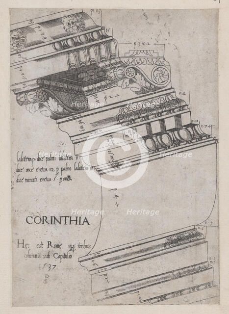 Speculum Romanae Magnificentiae: Entablature from the Temple of Vespasian, Rome, 1537., 1537. Creator: Master PS.