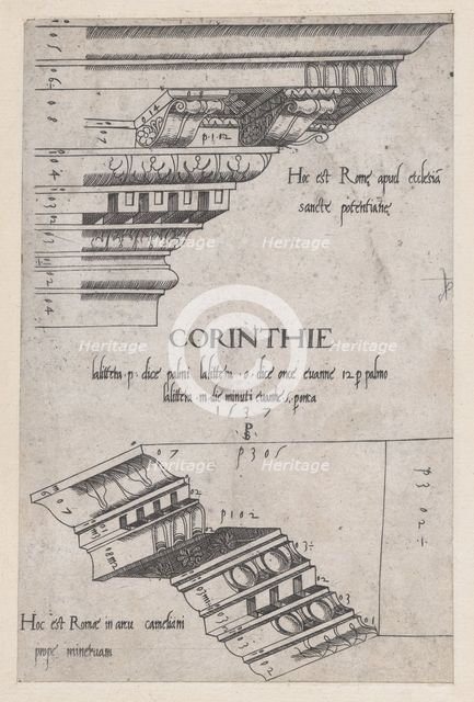 Speculum Romanae Magnificentiae: Entablatures from Santa Pudenziana and the Arch of Camigl..., 1537. Creator: Master PS.