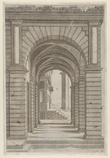 Speculum Romanae Magnificentiae: Front of a Building seen sideways through an arca..., 16th century. Creator: Anon