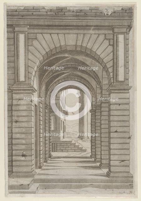 Speculum Romanae Magnificentiae: Front of a Building seen sideways through an arca..., 16th century. Creator: Anon.
