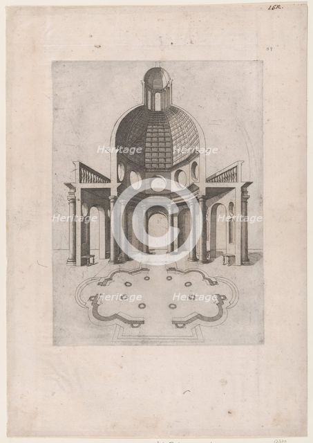 Speculum Romanae Magnificentiae: Interior and ground plan of an octagonal temple, ..., 16th century. Creator: Anon.