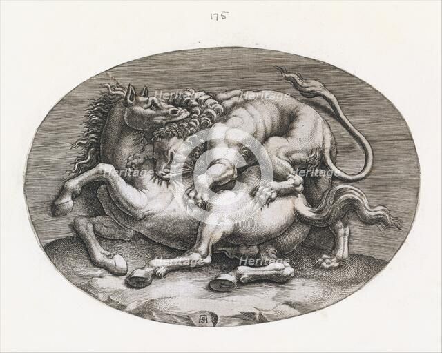 Speculum Romanae Magnificentiae: Lion Attacking a Horse, c1540-80. Creator: Adamo Scultori.