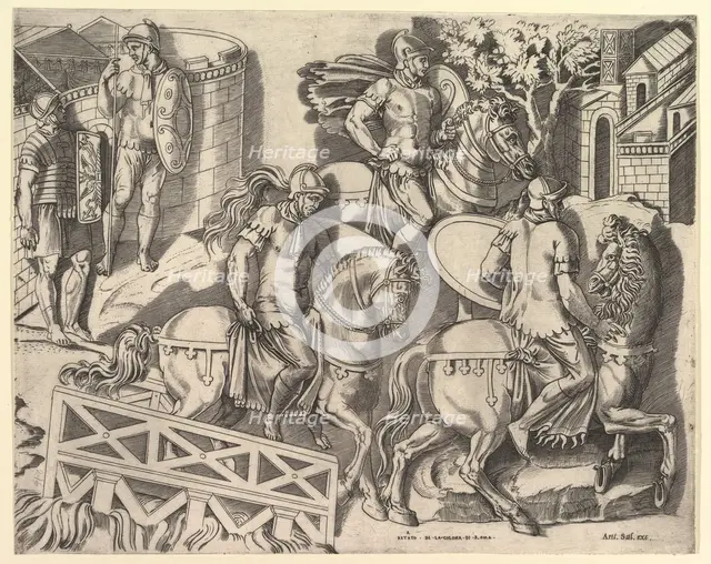 Speculum Romanae Magnificentiae: Roman Horsemen Crossing a Bridge (from Trajan's C..., 16th century. Creator: Marco Dente.