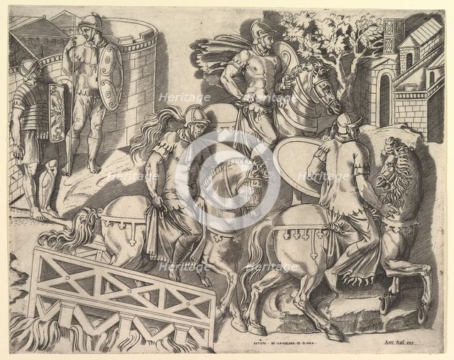 Speculum Romanae Magnificentiae: Roman Horsemen Crossing a Bridge (from Trajan's C..., 16th century. Creator: Marco Dente.
