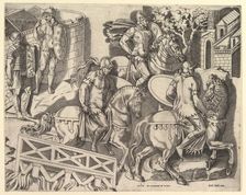 Speculum Romanae Magnificentiae: Roman Horsemen Crossing a Bridge (from Trajan's C..., 16th century. Creator: Marco Dente