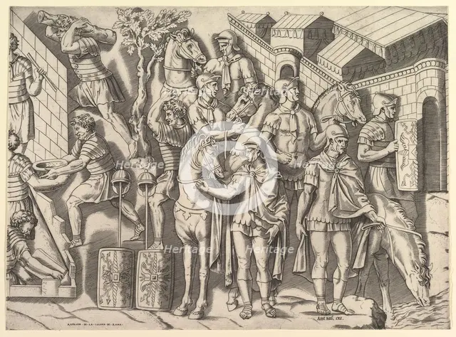 Speculum Romanae Magnificentiae: Roman Horsemen, from Trajan's Column, 16th century. Creator: Marco Dente.