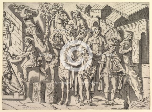 Speculum Romanae Magnificentiae: Roman Horsemen, from Trajan's Column, 16th century. Creator: Marco Dente.