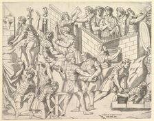 Speculum Romanae Magnificentiae: Roman Soldiers Fortifying their Camp, from Trajan..., 16th century. Creator: Marco Dente