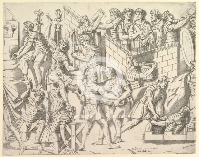 Speculum Romanae Magnificentiae: Roman Soldiers Fortifying their Camp, from Trajan..., 16th century. Creator: Marco Dente.