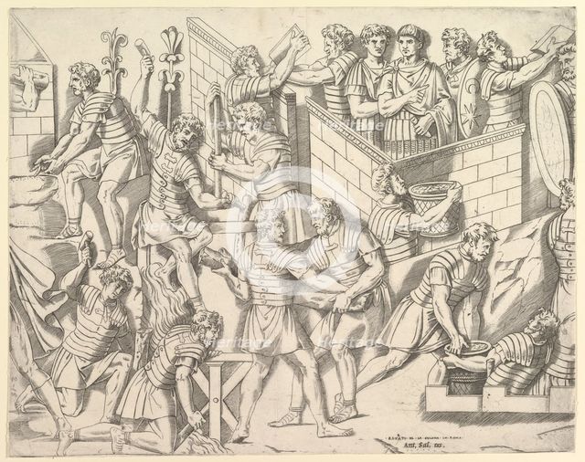 Speculum Romanae Magnificentiae: Roman Soldiers Fortifying their Camp, from Trajan..., 16th century. Creator: Marco Dente.