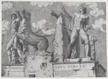 Speculum Romanae Magnificentiae: Statues of the Dioscuri at the Quirinal, 1546., 1546. Creator: Anon