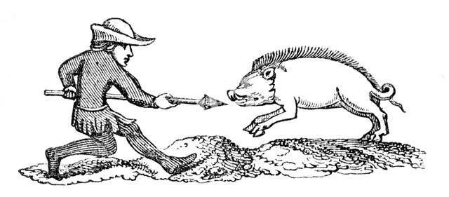 Spearing a Boar, 14th century, (1833). Artist: Unknown