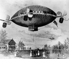 Spheroid dirigible airship dropping anchor, c1887. Creator: Unknown